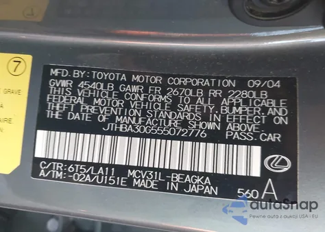 2005 Lexus Es 330 из США, поврежденный, VIN JTHBA30G555072776